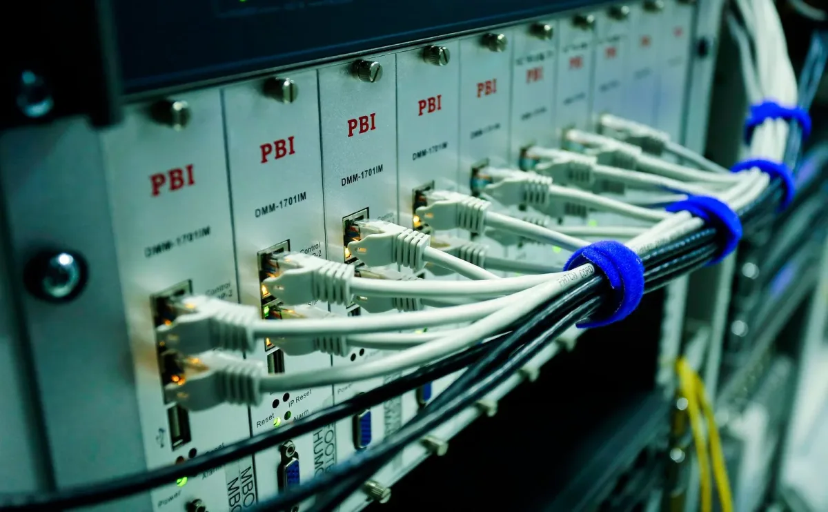 Kable sieciowe podłączone do panelu krosowego w szafie serwerowej firmy